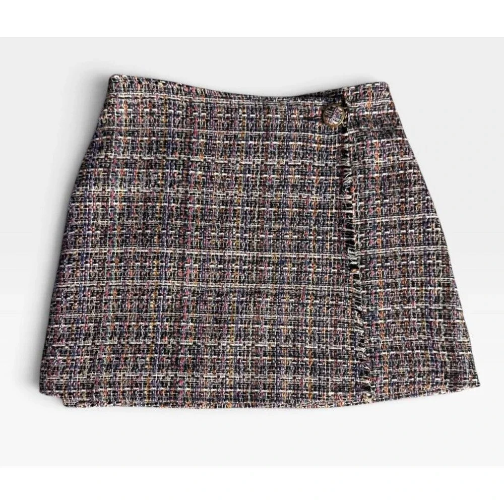 NWT Sugar Lips XS Multicolor Tweed Mini Skirt Frayed Hem Wrap Style Modern Prep
